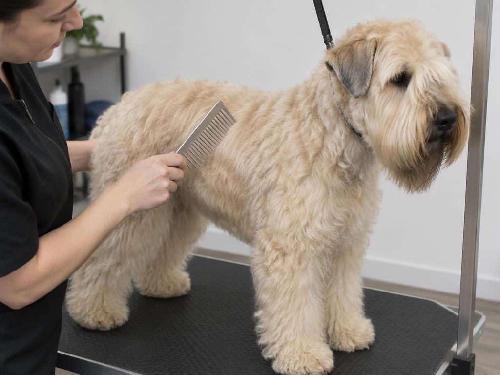 A person combing a Wheaten Terrier with a metal comb on a grooming table