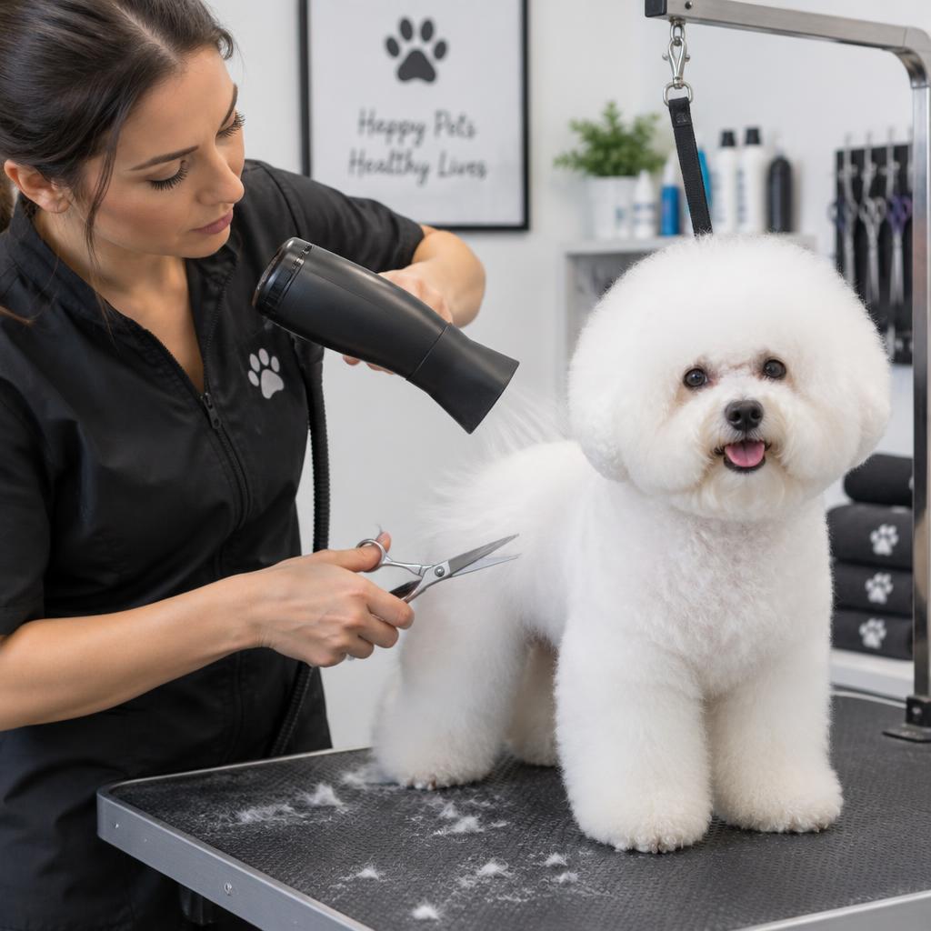 A person brushing a Bichon Frise with a slicker brush