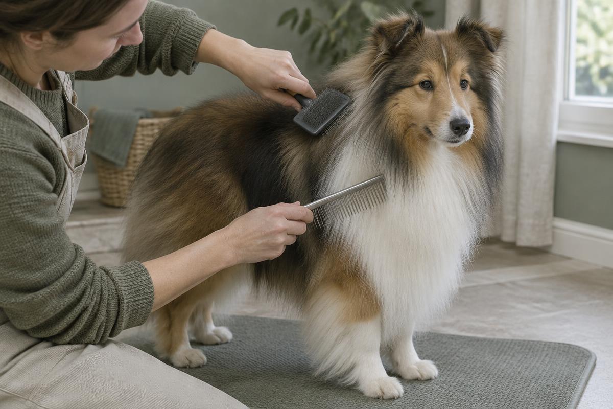 A person brushing a Shetland Sheepdog's coat with a pin brush