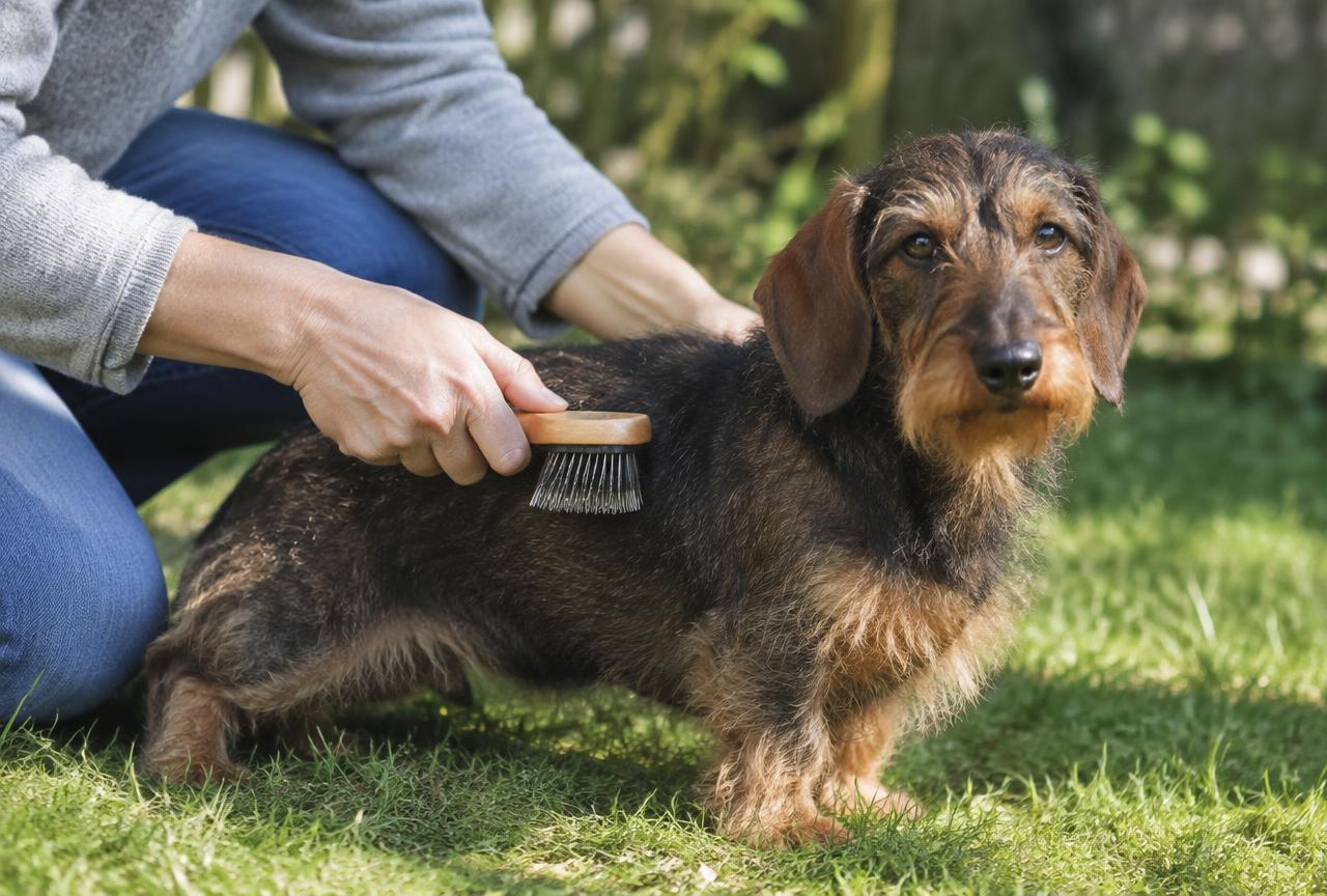 A person brushing a Wire haired Dachshund