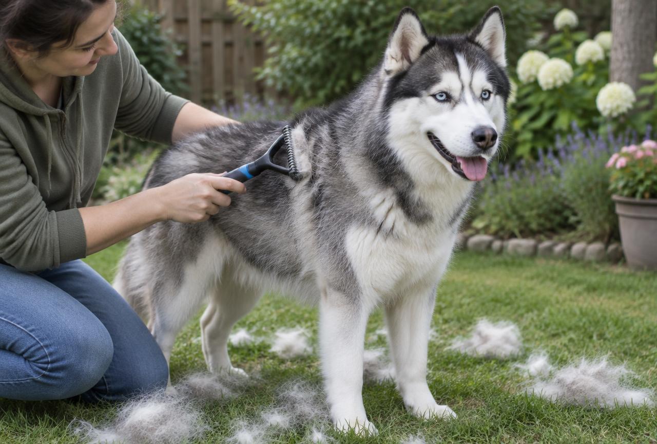 A person brushing out a Siberian Husky's undercoat