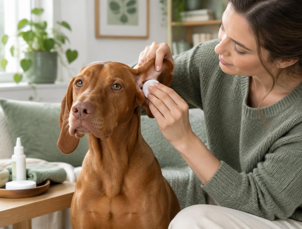A person brushing a Hungarian Vizsla with a rubber curry brush