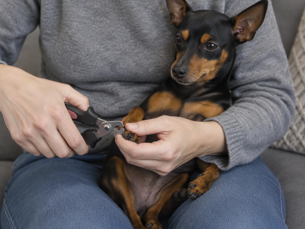 A person trimming the nails of a Miniature Pinscher on their lap
