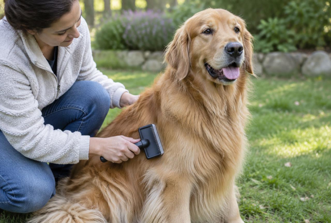 A person brushing the feathered coat of a Golden Retriever.