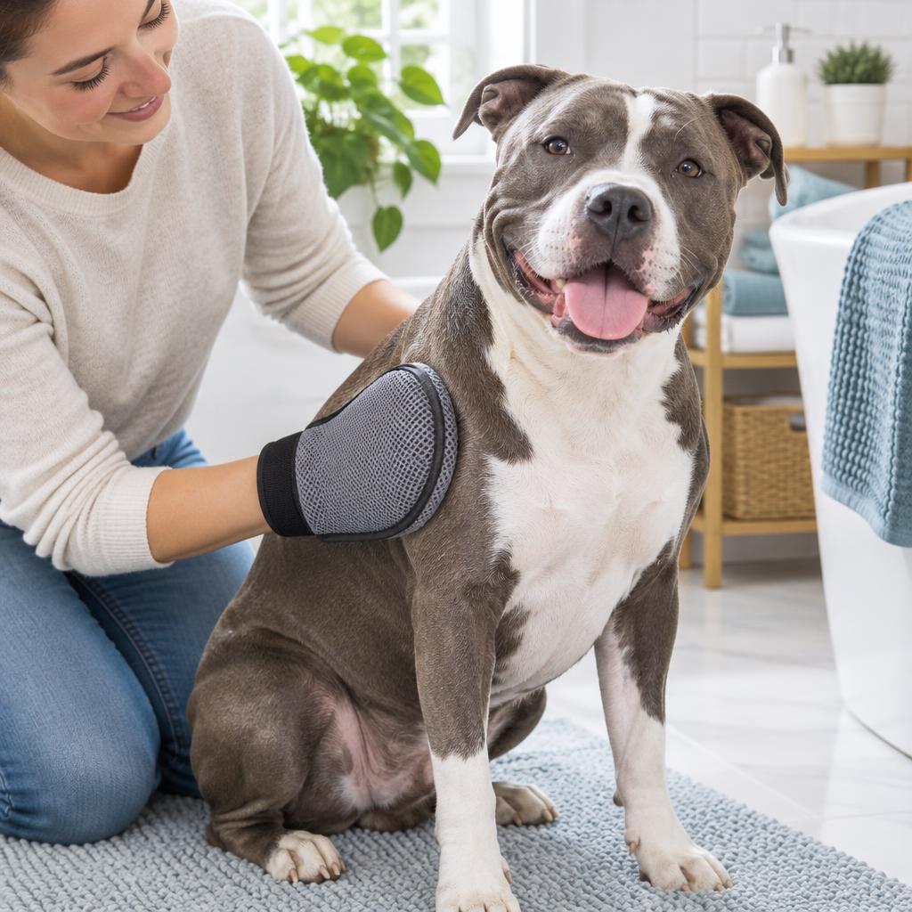 A person brushing an American Staffordshire Terrier with a grooming mitt