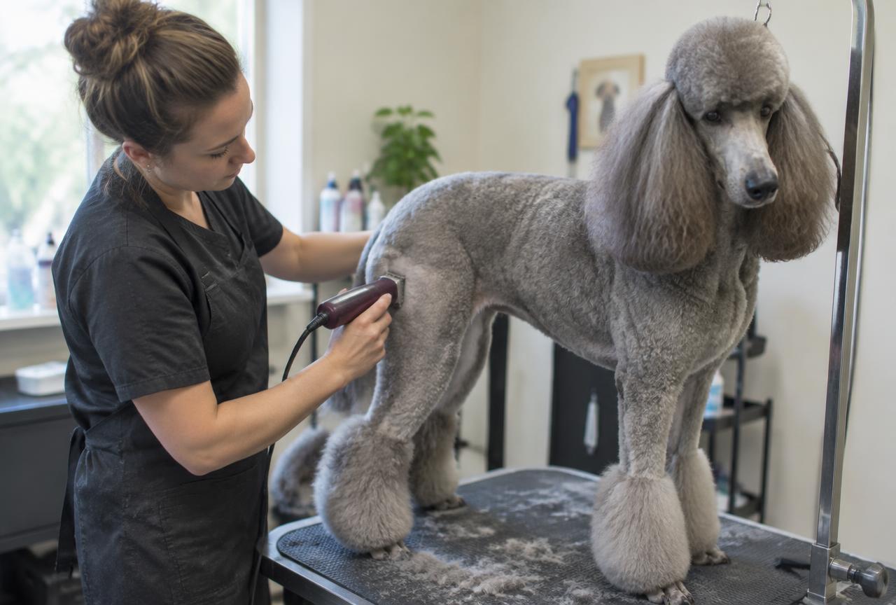 A groomer clipping a Poodle's coat