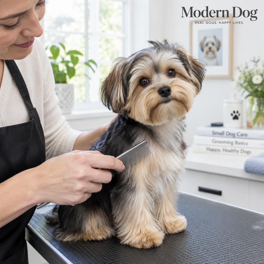 A person combing a Morkie's silky coat with a small metal comb