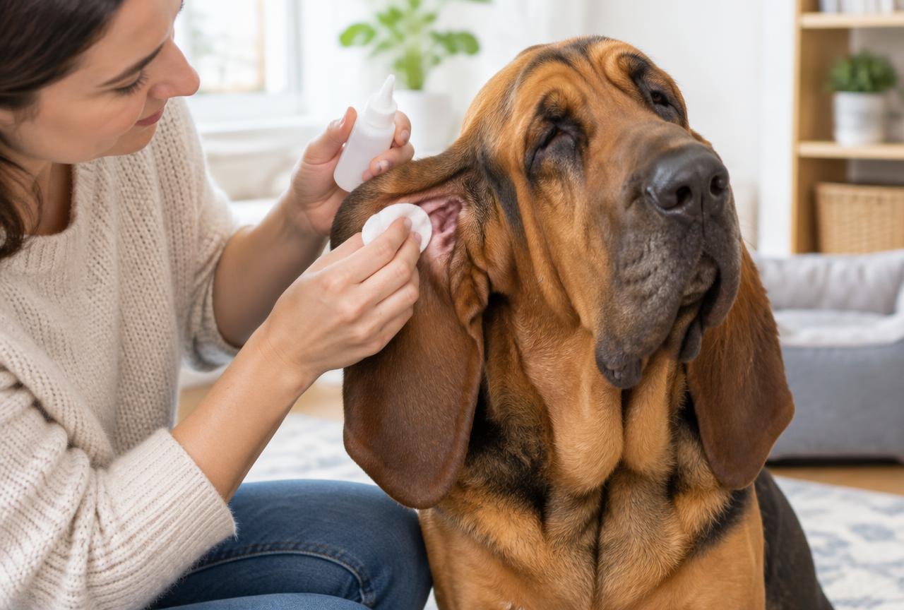 An owner wiping a Bloodhound's facial wrinkles with a soft cloth.