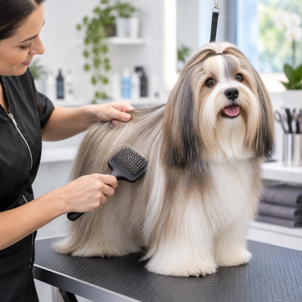 A groomer brushing a Havanese's coat at a grooming table