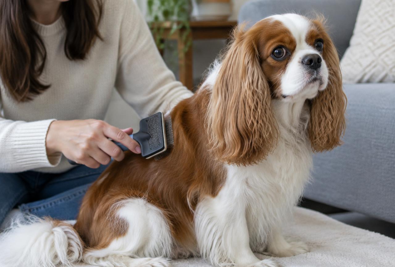 A person brushing a Cavalier King Charles Spaniel's coat