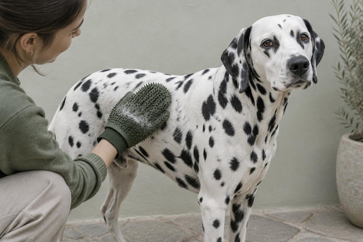 A person brushing a Dalmatian with a rubber curry brush