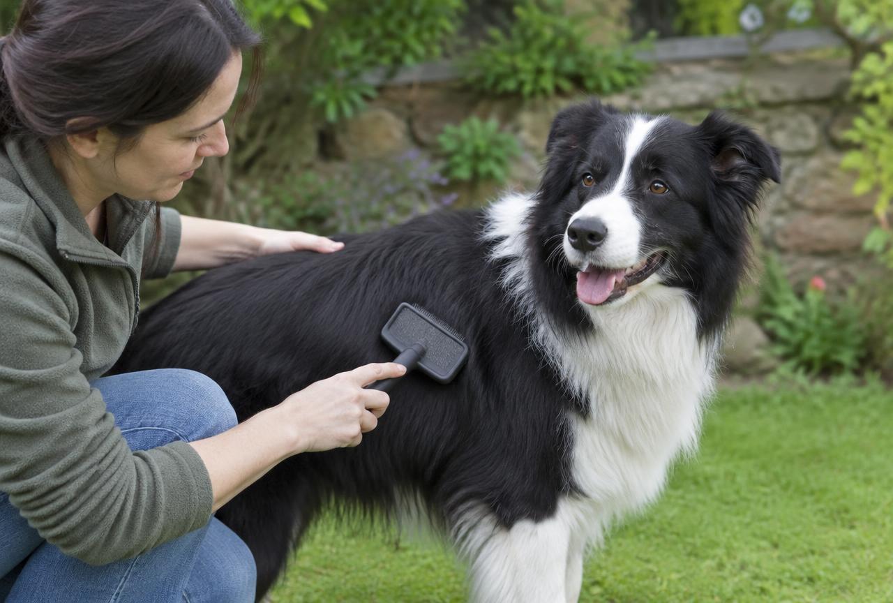 A person brushing a Border Collie's coat outdoors