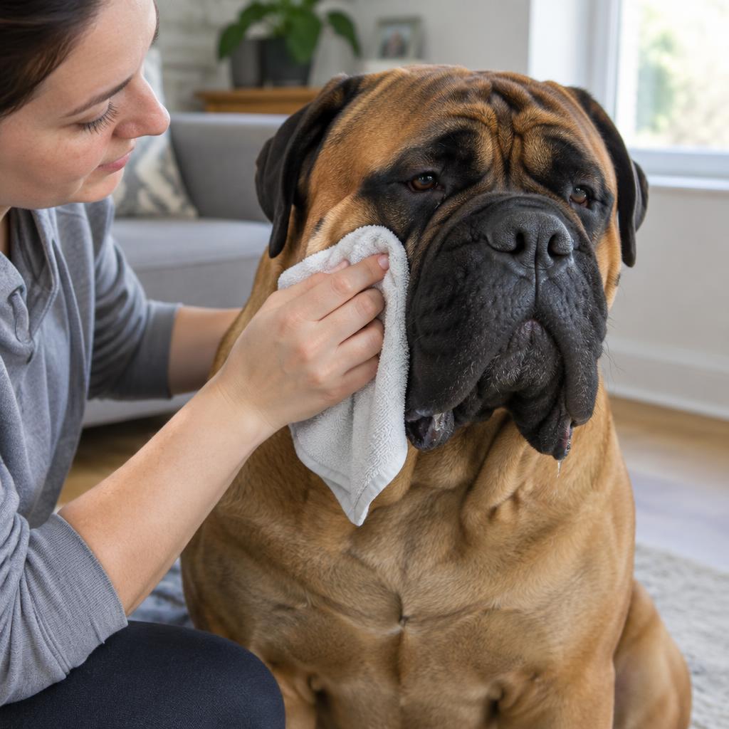 A person brushing a Bullmastiff's short coat