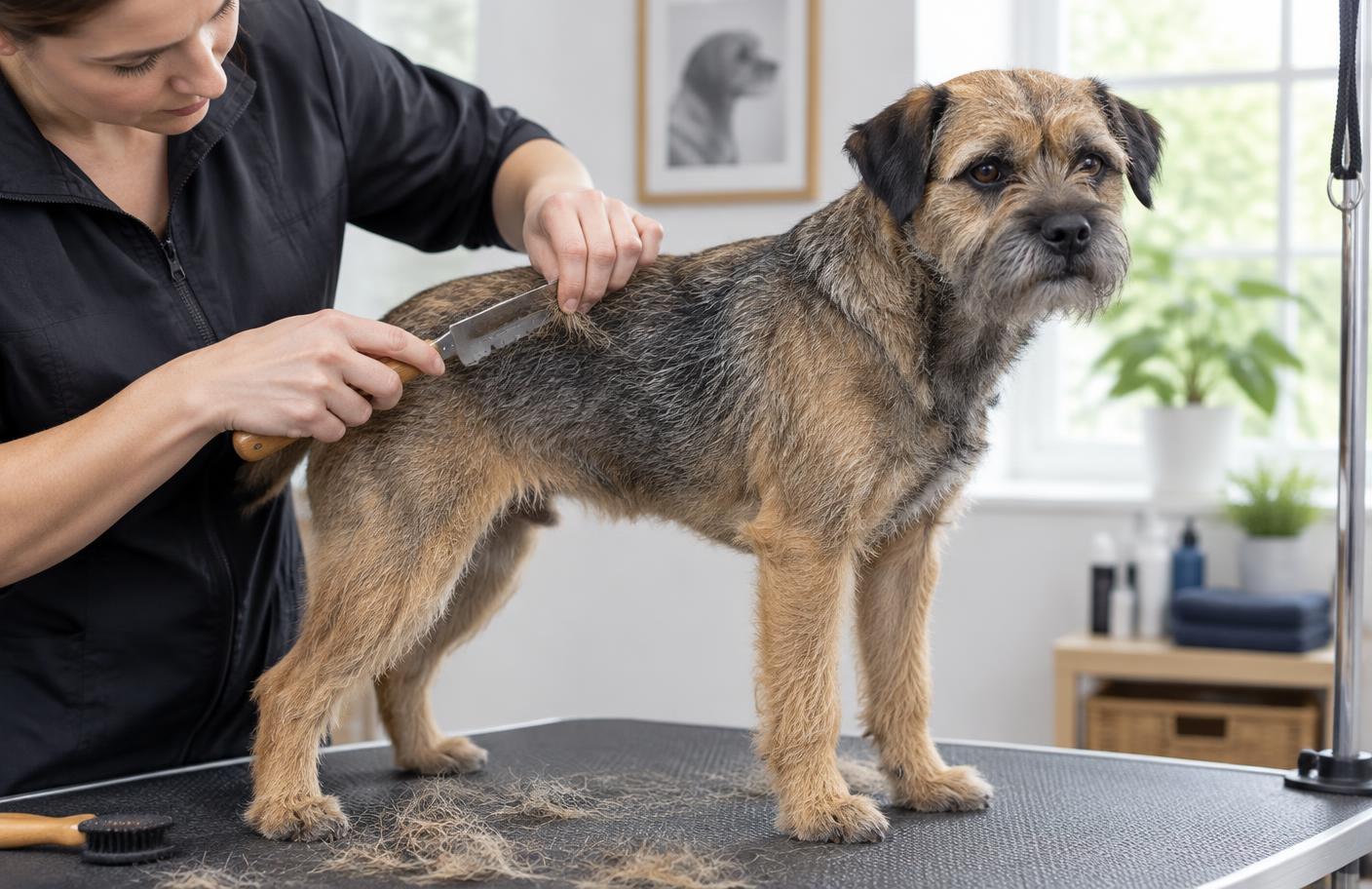 A person hand-stripping a Border Terrier's wiry coat