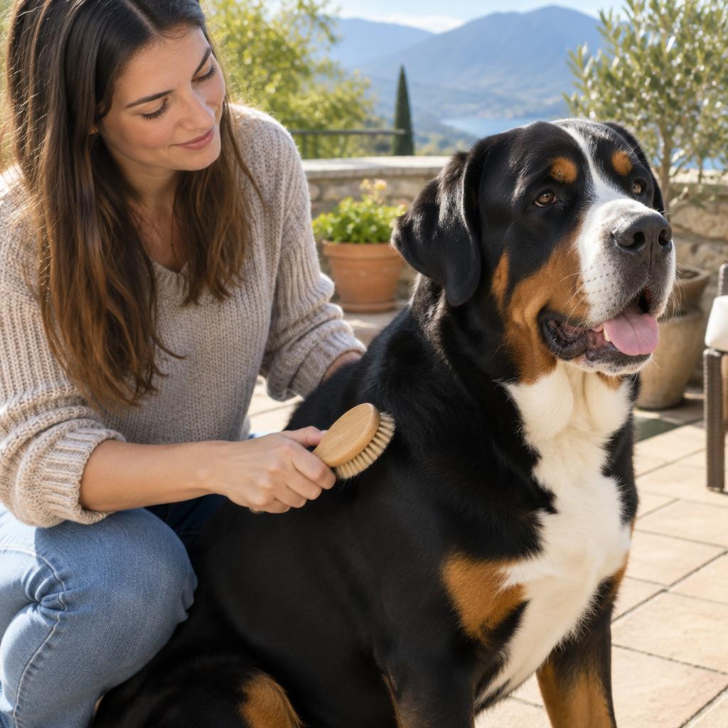 A Greater Swiss Mountain Dog being brushed on a terrace.