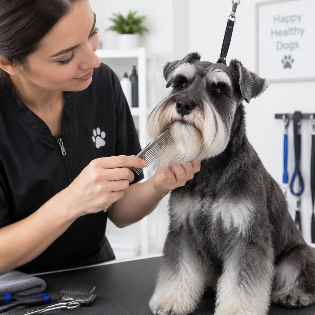 A groomer hand stripping a Miniature Schnauzer's coat on a table