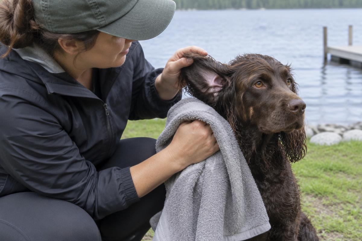 A person drying a Boykin Spaniel and checking its ears after a swim