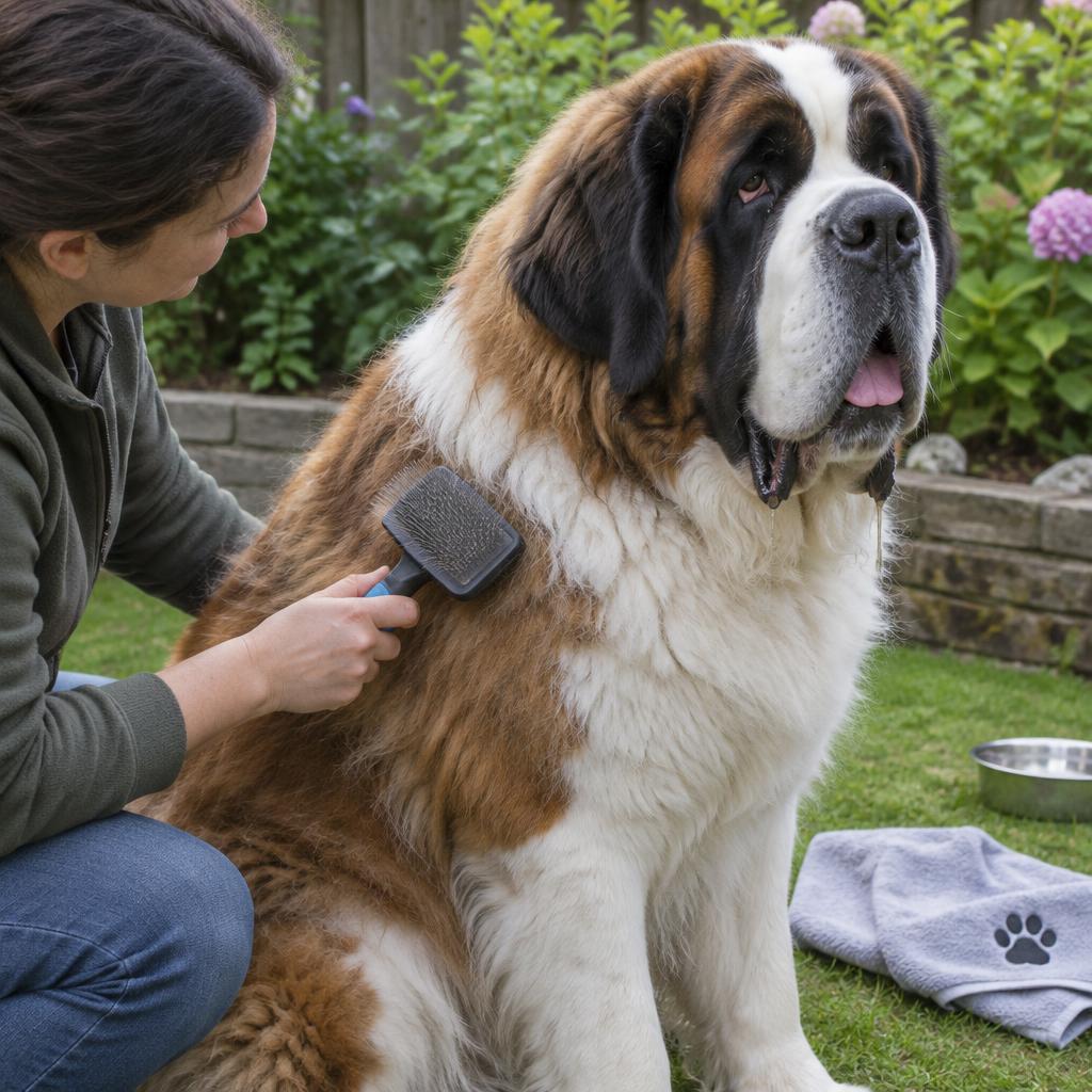 A person brushing a Saint Bernard's thick coat