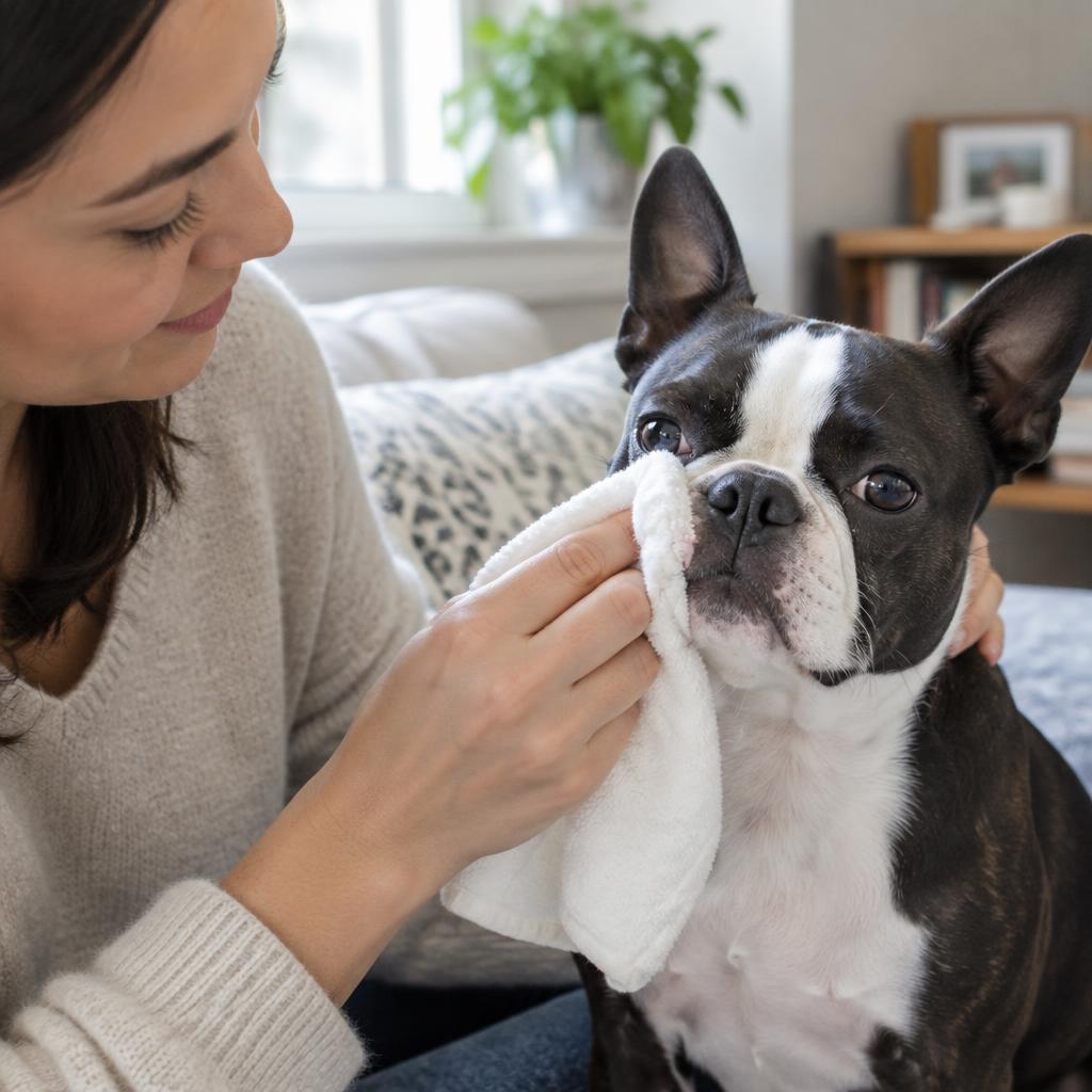A person wiping a Boston Terrier's facial wrinkles with a cloth