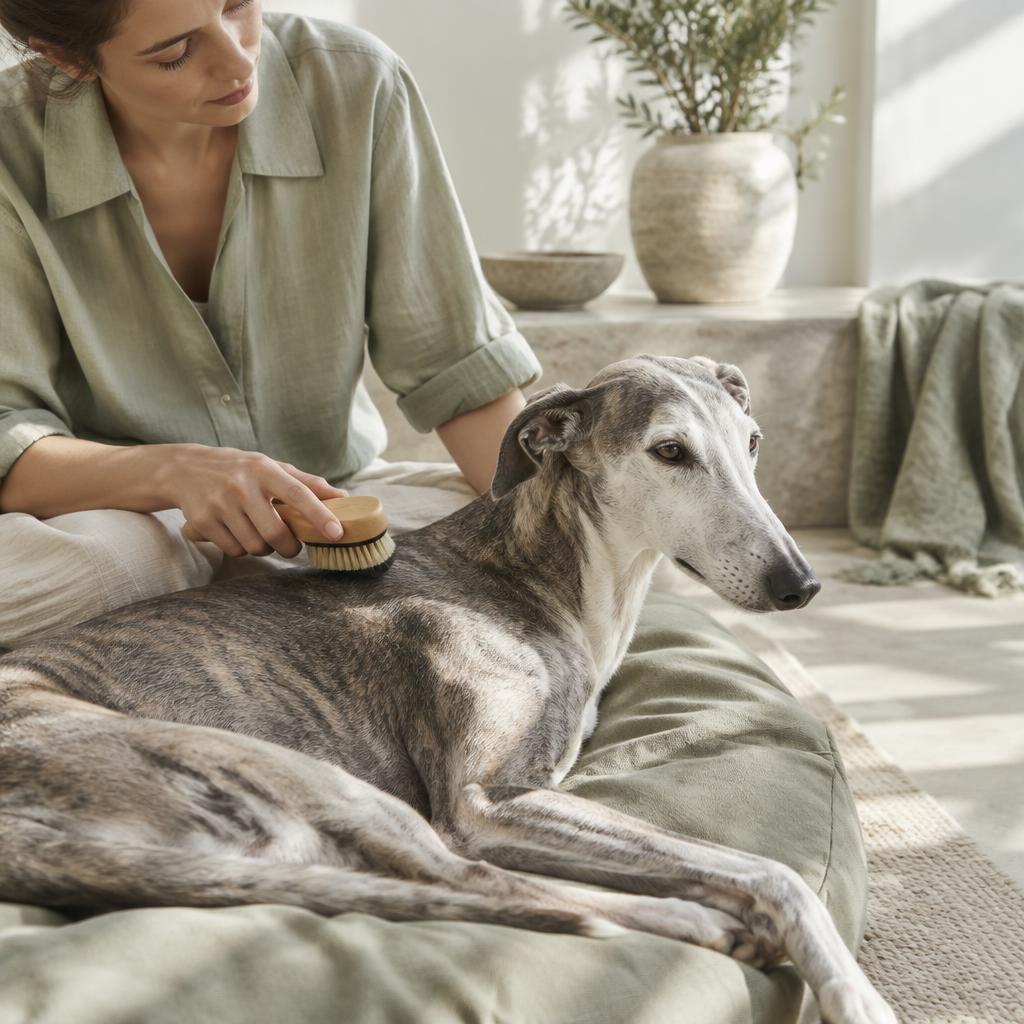 An owner using a rubber brush on a Greyhound's back.