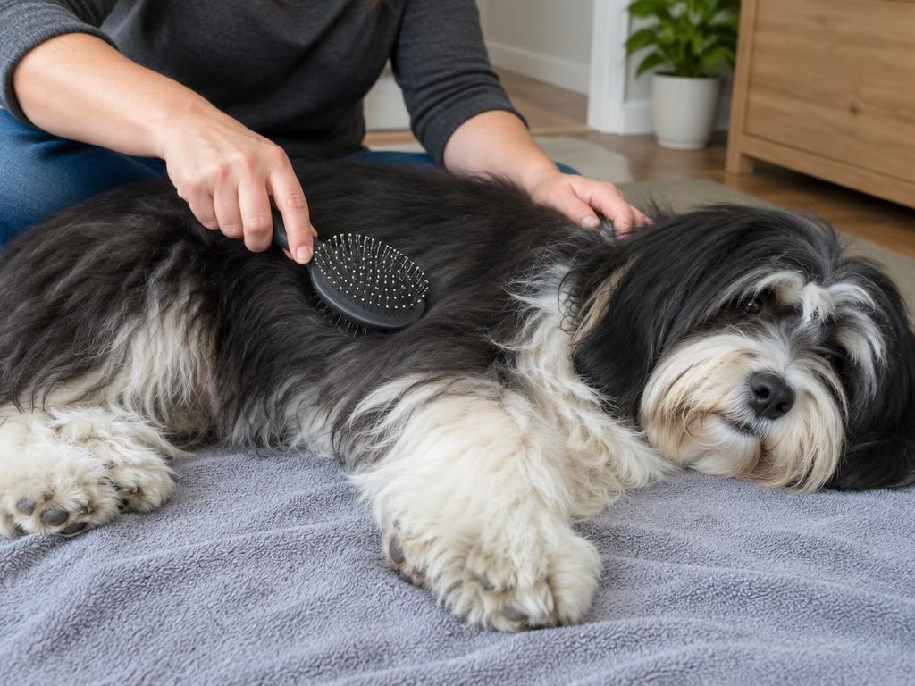 A person brushing a Tibetan Terrier lying on a towel