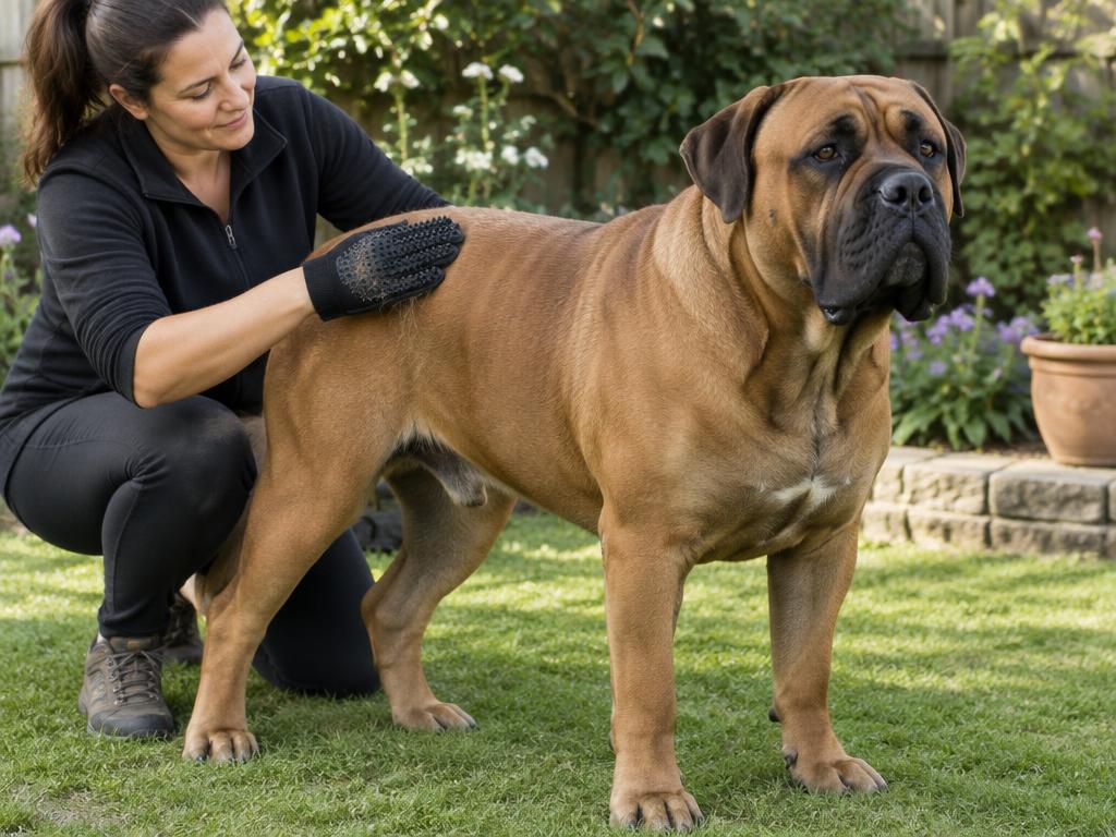 An owner brushing a Boerboel with a rubber grooming mitt in a garden.