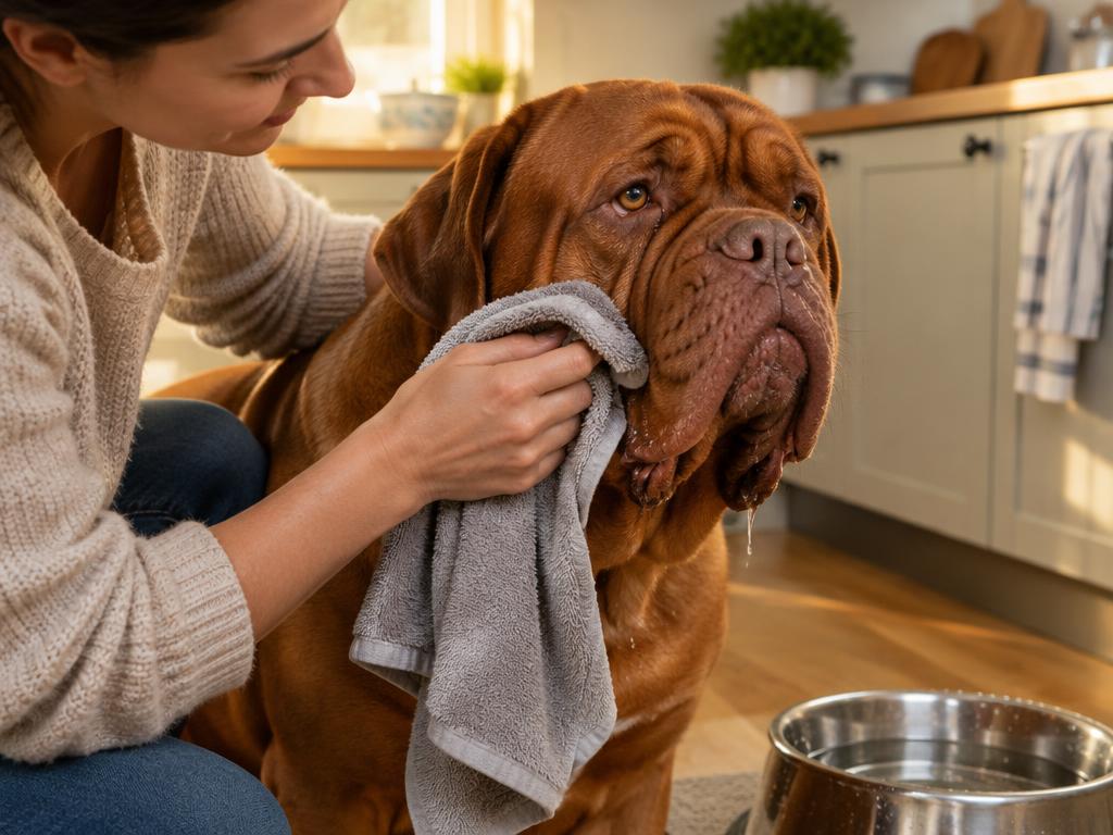 An owner wiping a Dogue de Bordeaux's face with a towel after a drink.