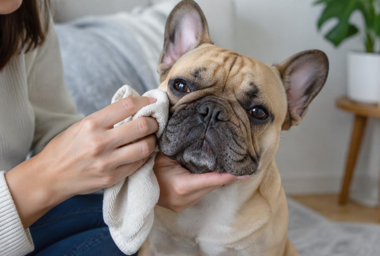 A person wiping the facial folds of a French Bulldog