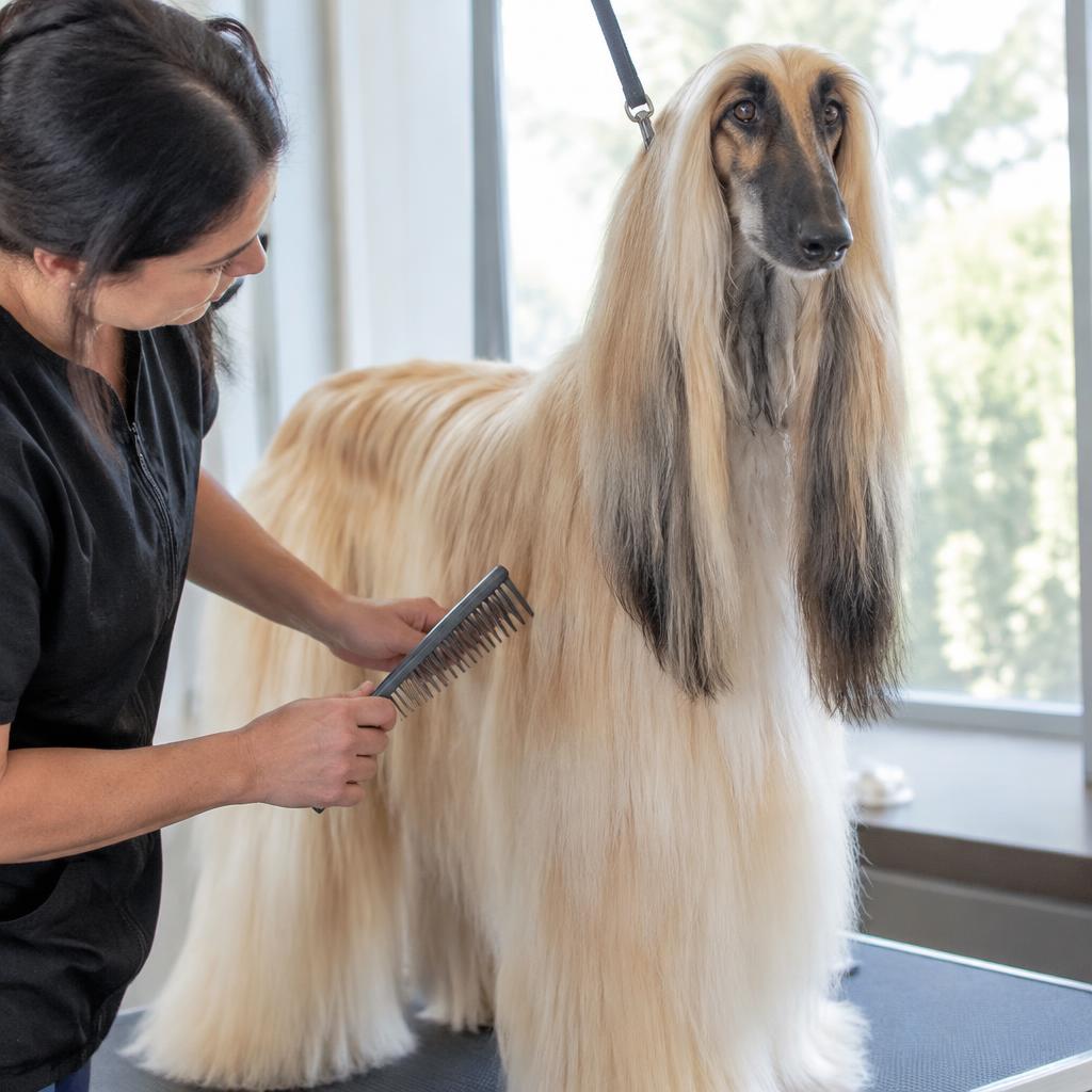 An owner brushing an Afghan Hound's coat section by section.