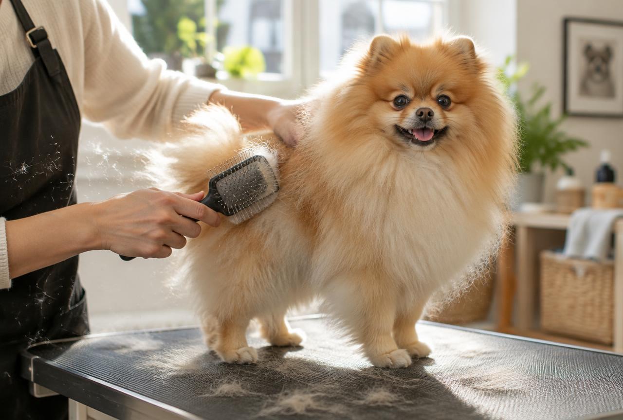 A person using a slicker brush on a Pomeranian's fluffy back