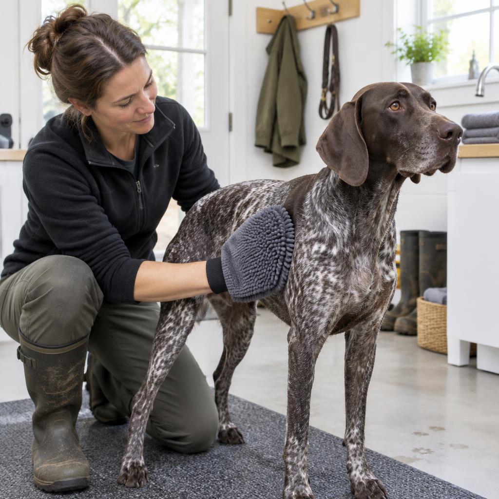 A person wiping down a German Shorthaired Pointer with a grooming mitt