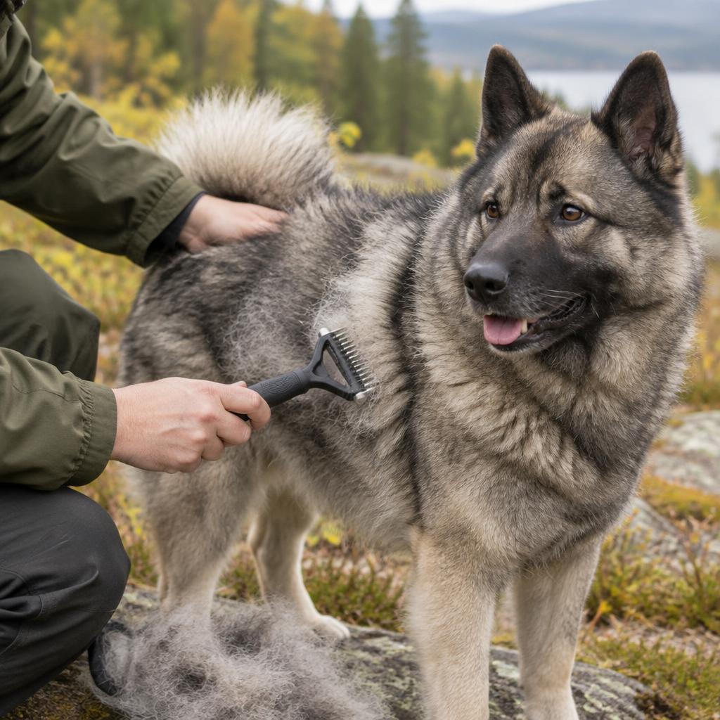 A Norwegian Elkhound being raked during shedding season.