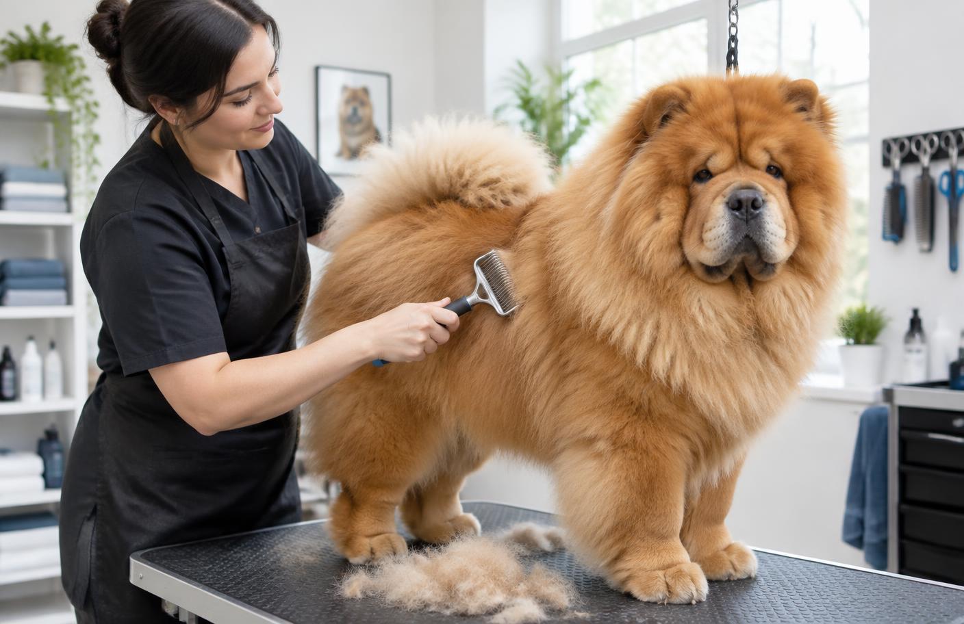A person brushing a Chow Chow's thick coat with an undercoat rake