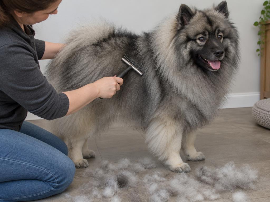 A person using an undercoat rake on a Keeshond with tufts of fur on the floor