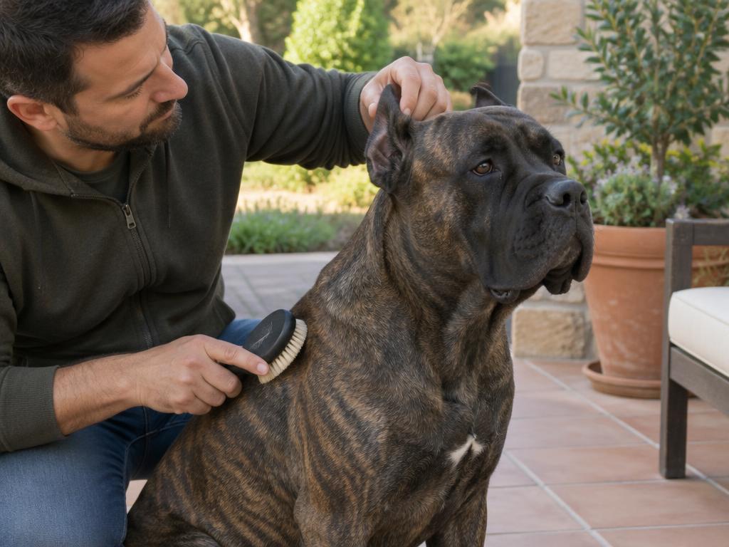 An owner checking a Presa Canario's ears and brushing its coat.