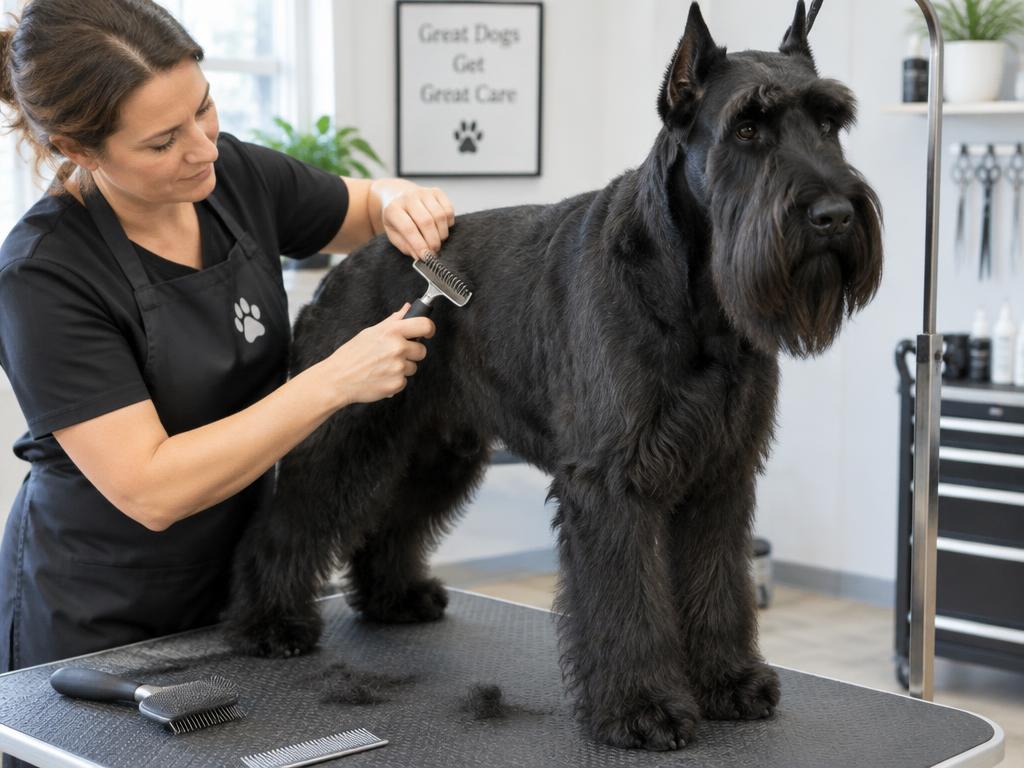 An owner hand-stripping a Giant Schnauzer's coat on a grooming table.