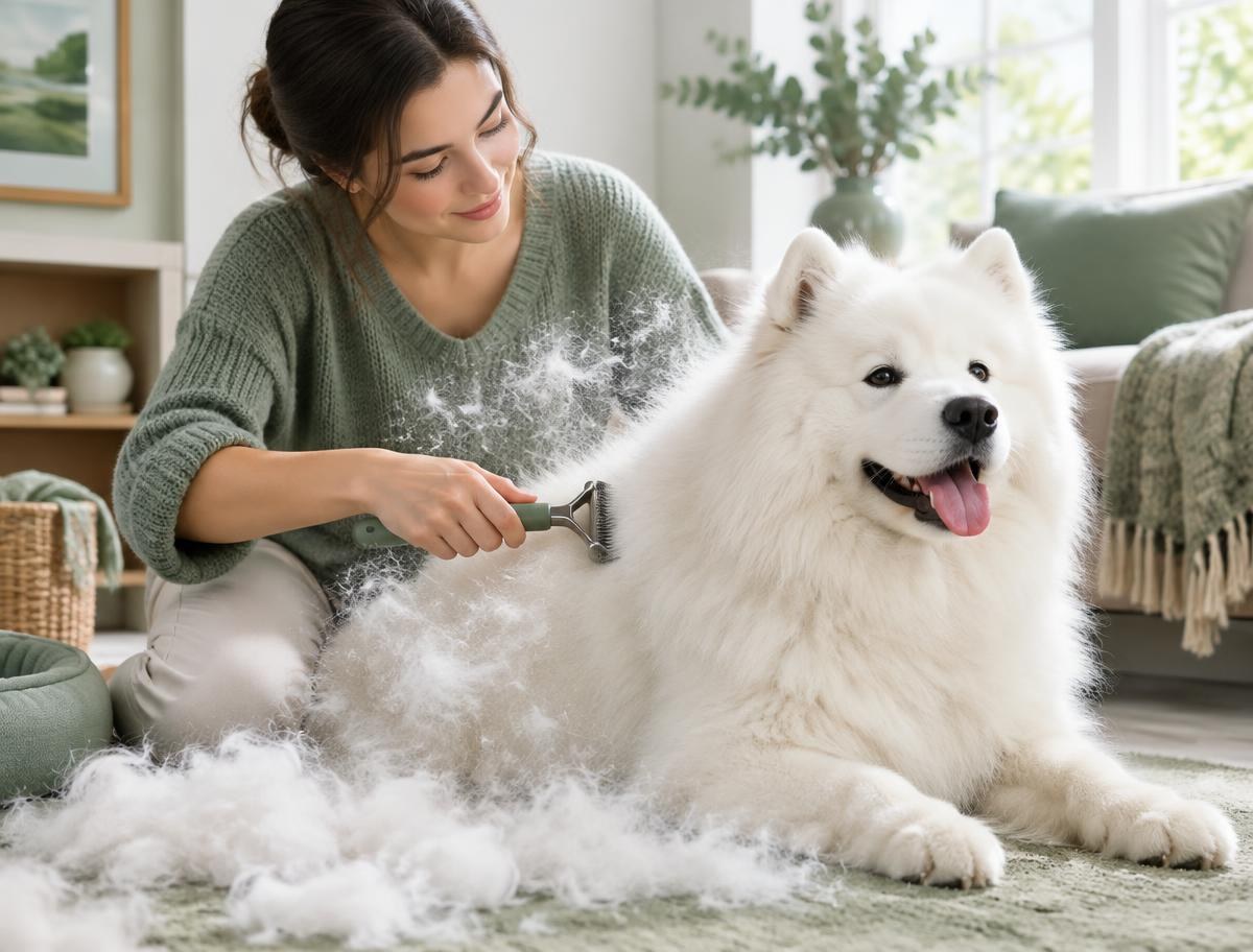 A person brushing a Samoyed's thick coat with an undercoat rake