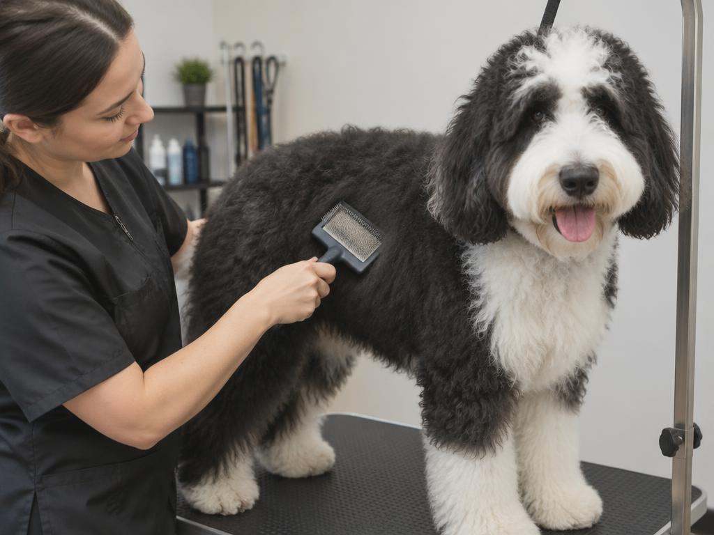 A groomer brushing a Sheepadoodle on a grooming table