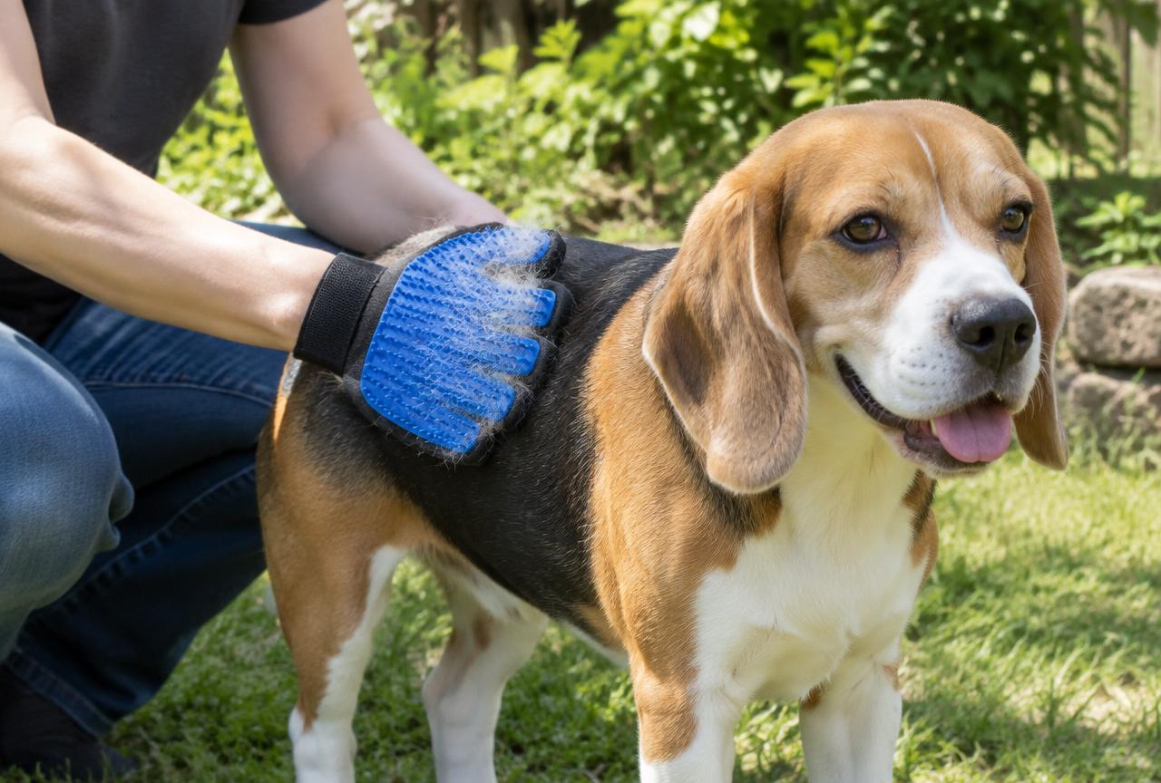 A person brushing a Beagle with a hound mitt