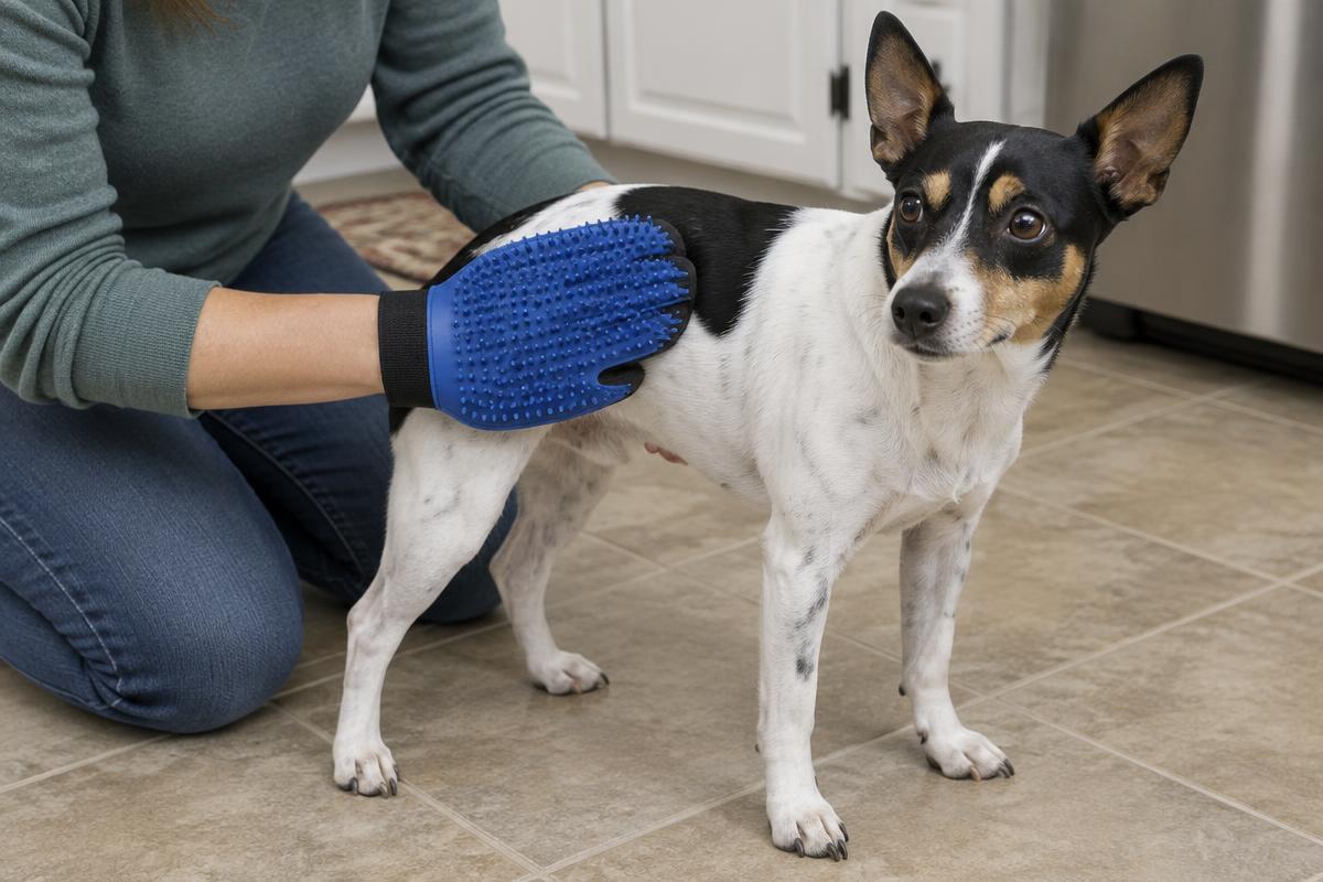 A person rubbing a Rat Terrier with a rubber grooming mitt on a kitchen floor