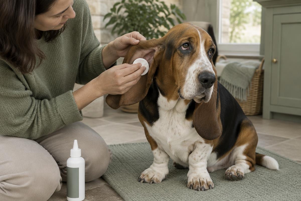 A person checking a Basset Hound's long ears