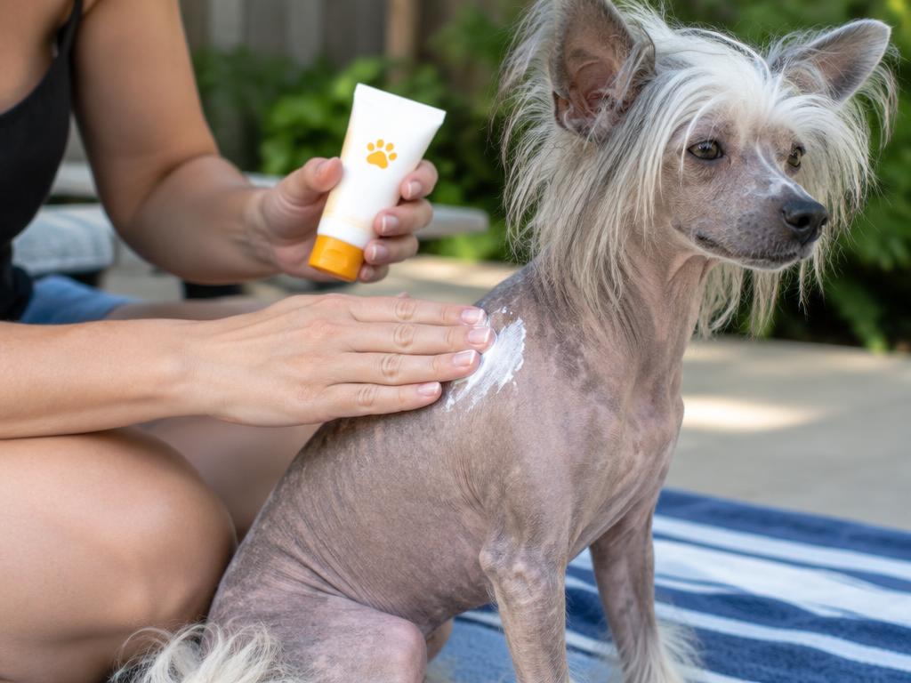 A person applying dog-safe sunscreen to a hairless Chinese Crested
