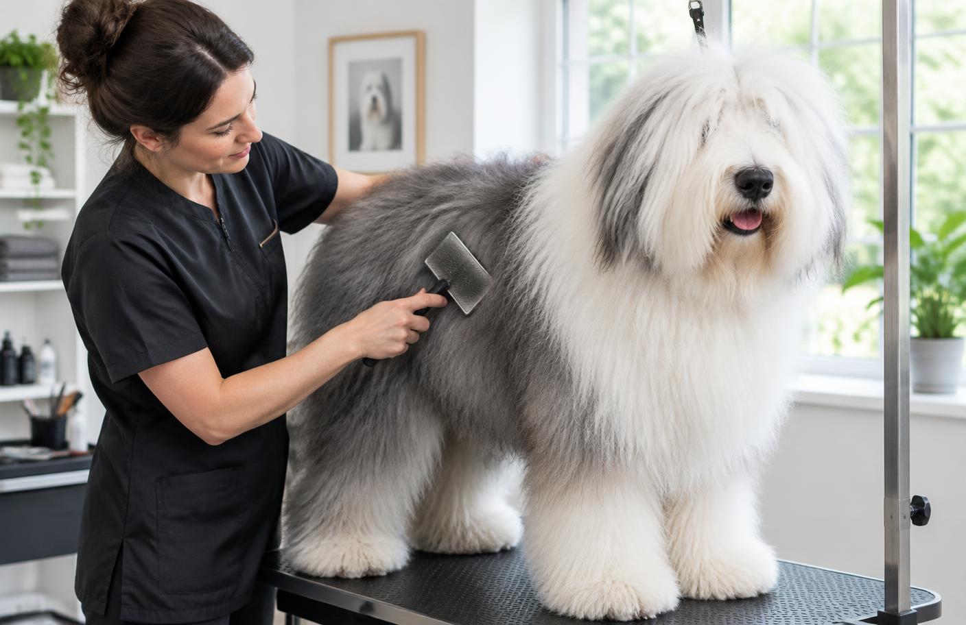 A person brushing an Old English Sheepdog's long coat with a slicker brush
