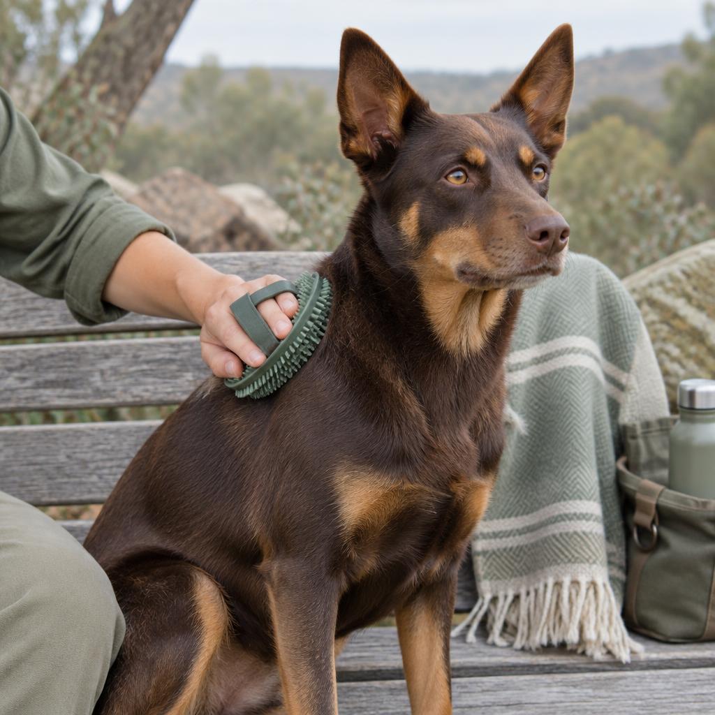 An Australian Kelpie being brushed with a rubber curry brush on a bench.