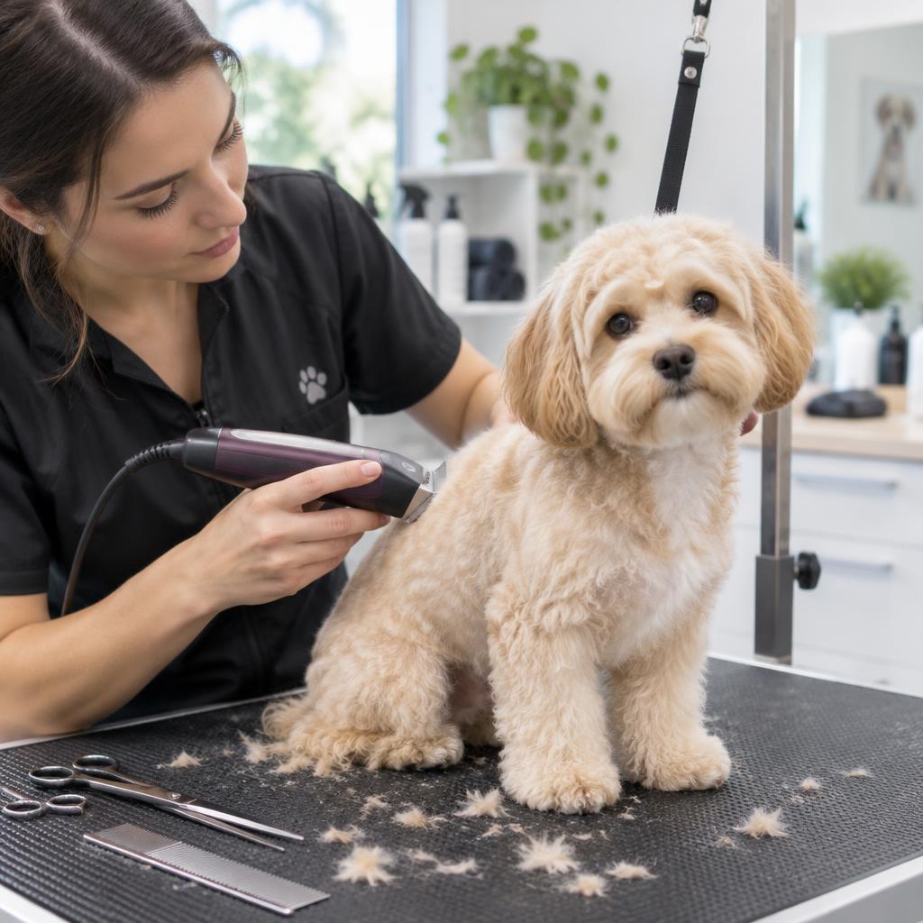 A groomer trimming a Maltipoo's coat at a grooming table