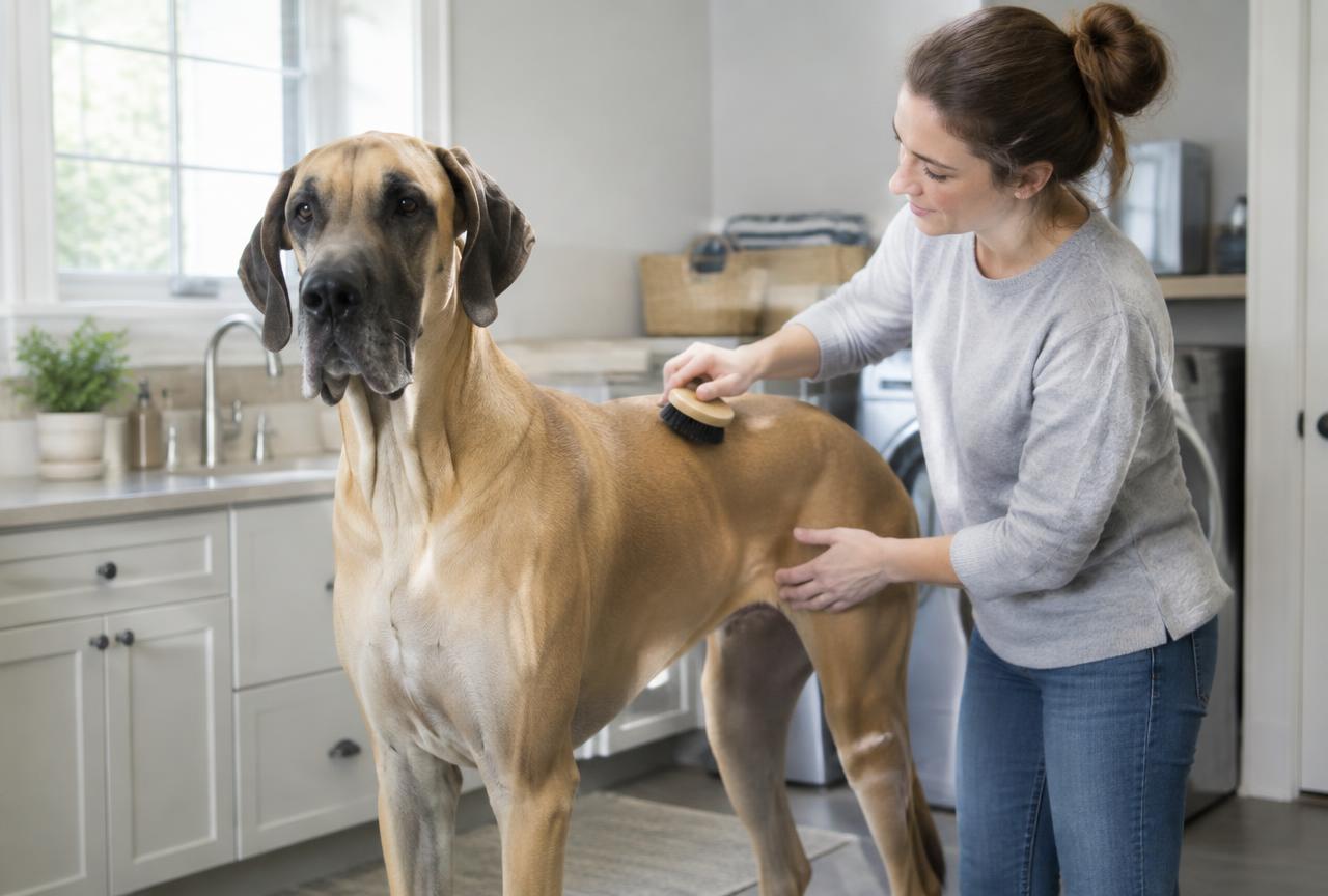 A person brushing a Great Dane with a grooming mitt