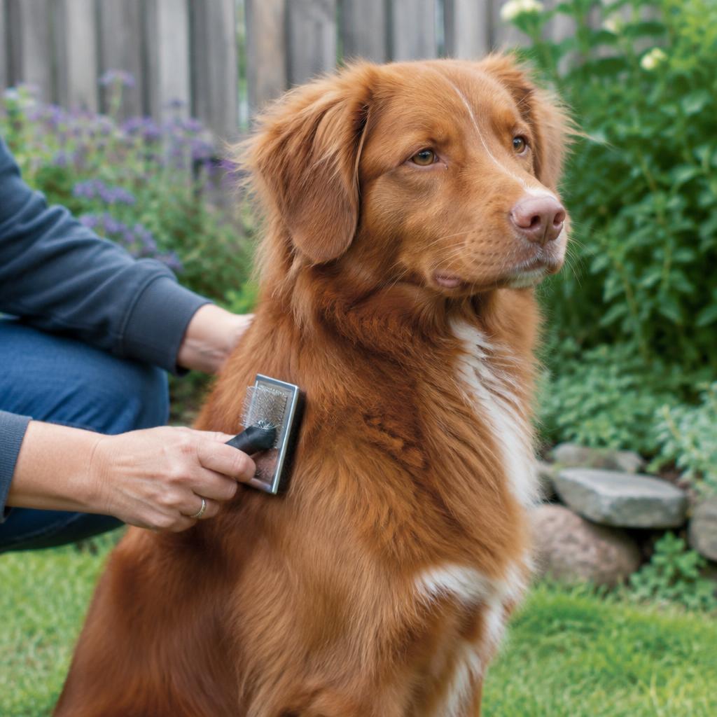 An owner brushing a Toller's coat during the seasonal moult.