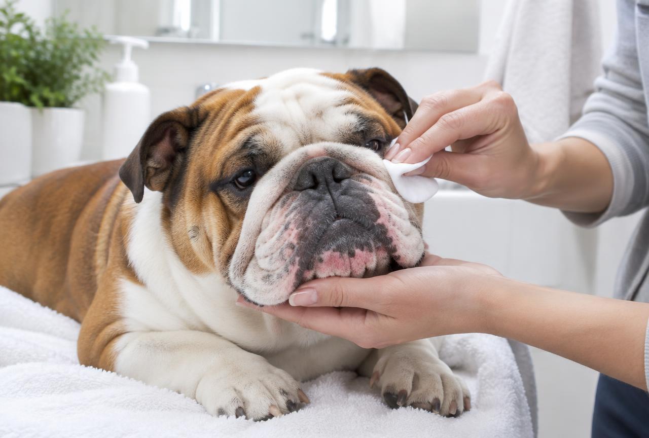 A person cleaning a Bulldog's facial skin folds