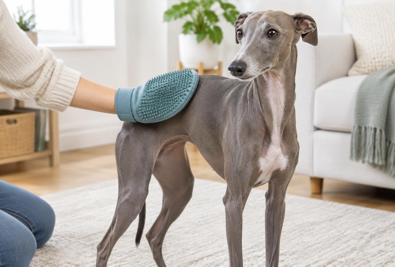An Italian Greyhound being gently groomed with a soft mitt