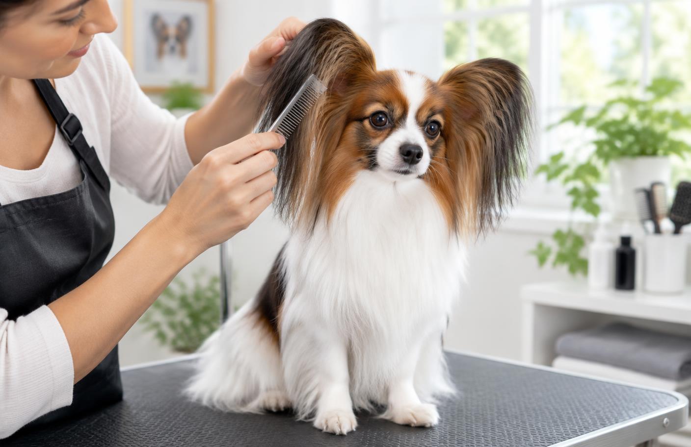 A person combing a Papillon's ear fringes
